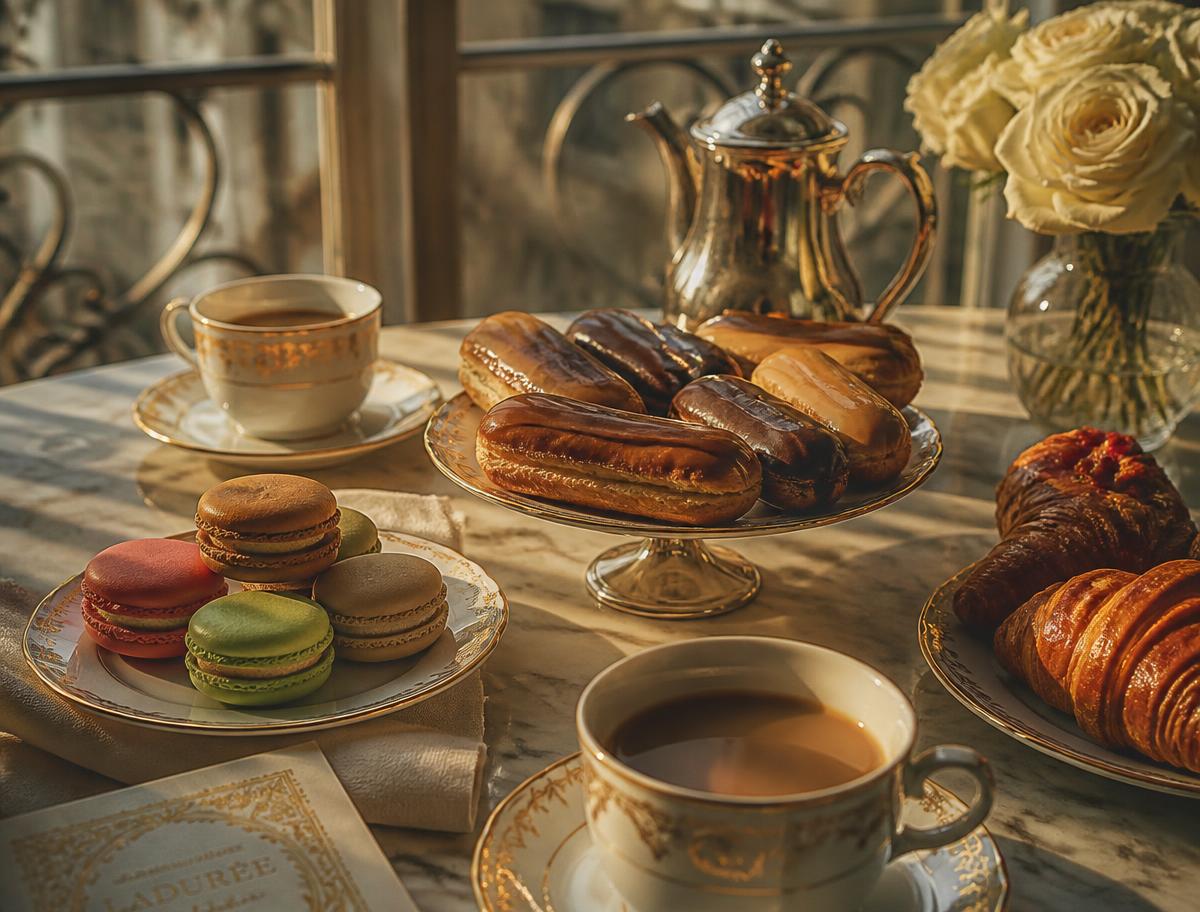 Éclairs, macarons e café servidos no café da tarde