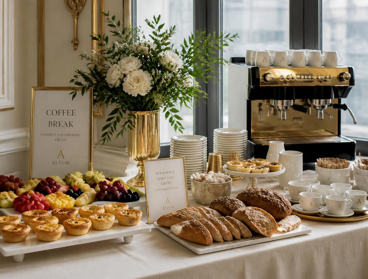 Mesa de coffee break com pães, quiches e café