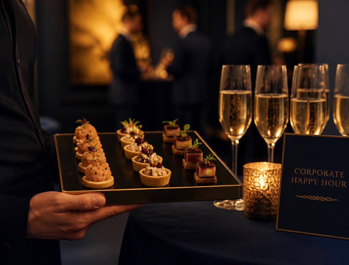Canapés e espumante servidos em happy hour corporativo