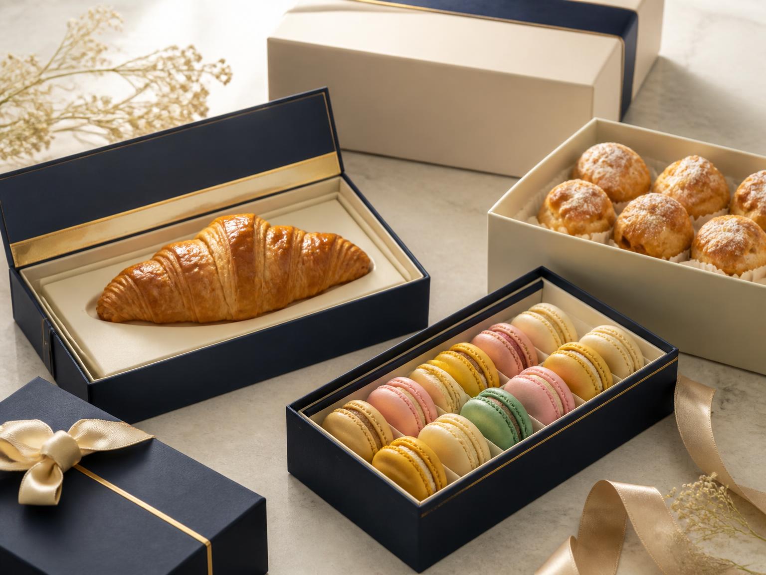 Embalagens sofisticadas com croissants e macarons