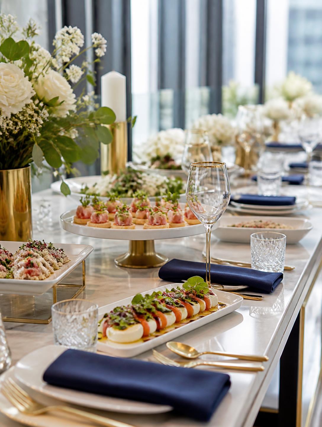 Mesa elegante de catering corporativo ExperiMenta com louça branca, guardanapos azul-marinho e detalhes dourados