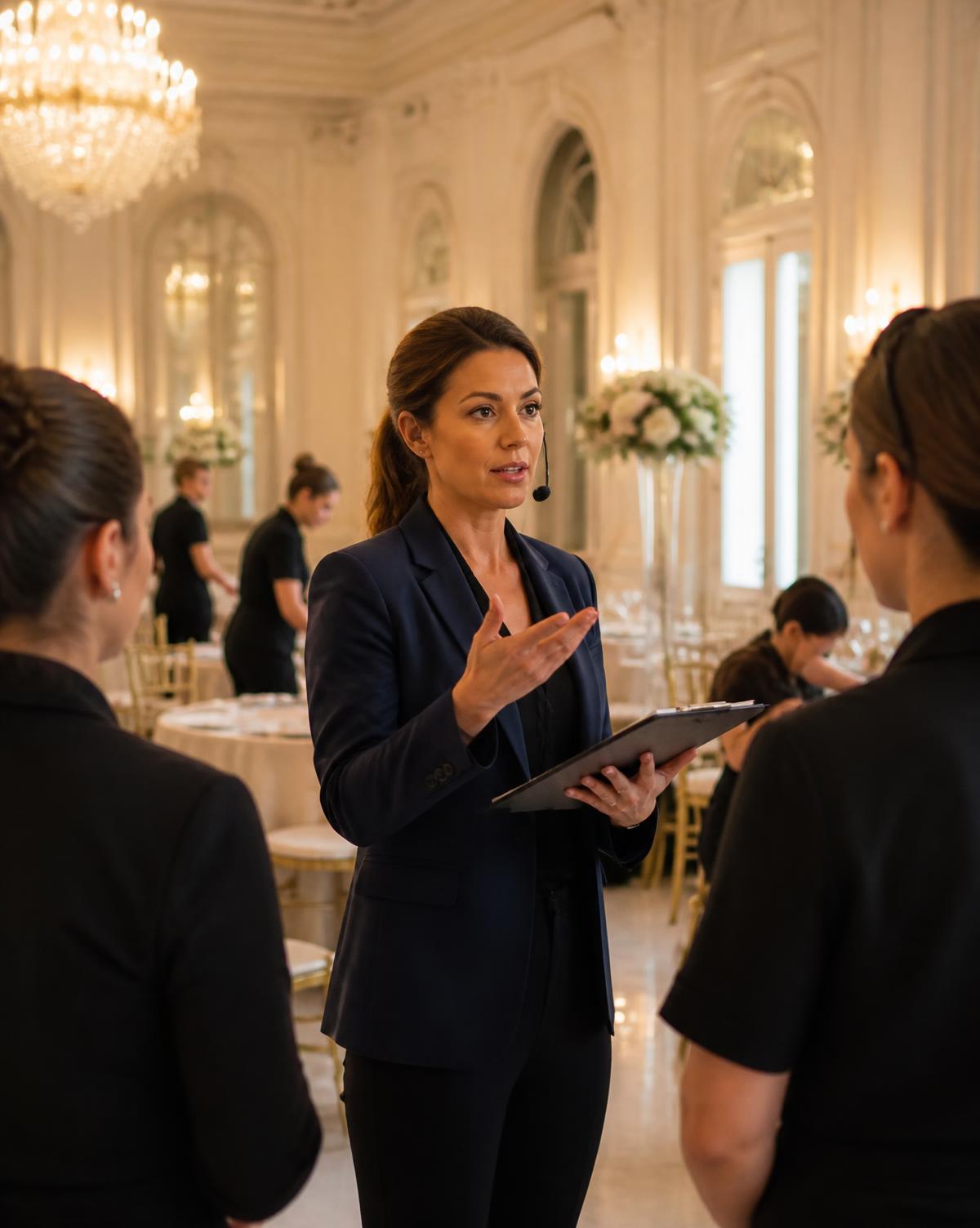 Coordenadora de evento orientando a equipe durante a montagem