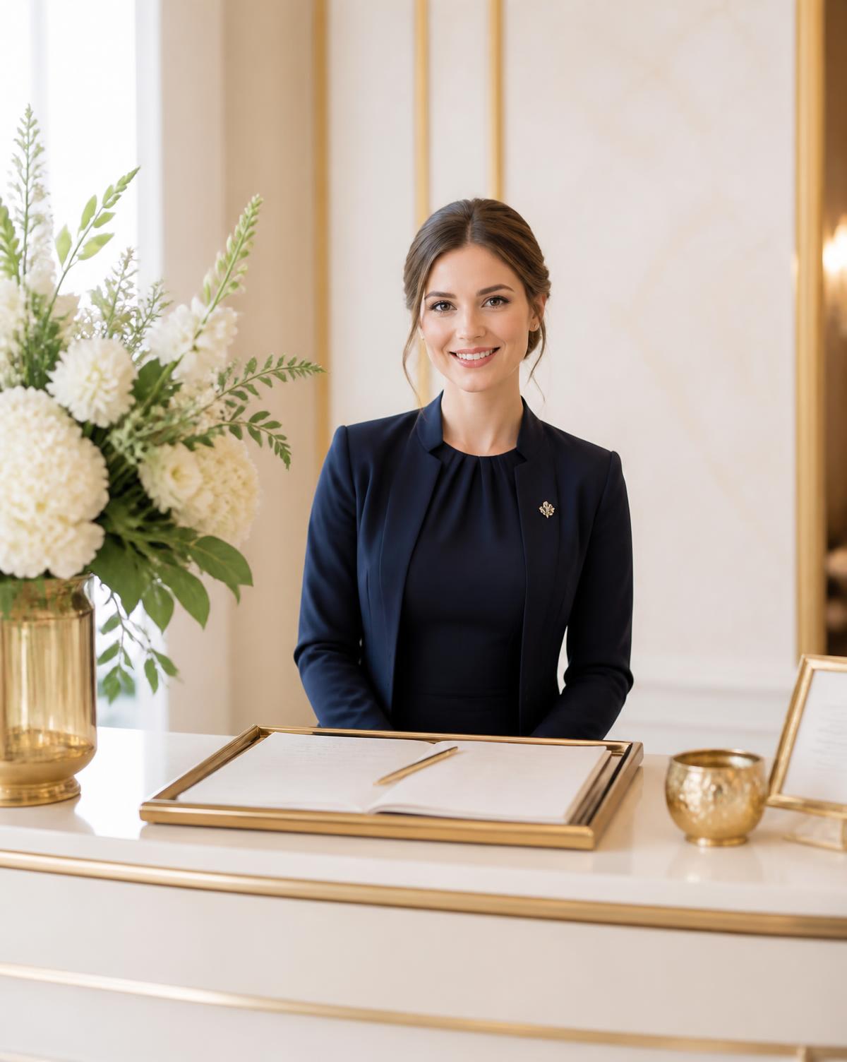 Recepcionista em balcão de credenciamento com flores brancas